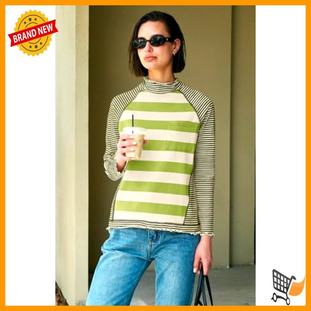 Long Sleeve Striped Turtleneck Tunic Top Loose Fit Polyester Blend - Picture 5 of 7
